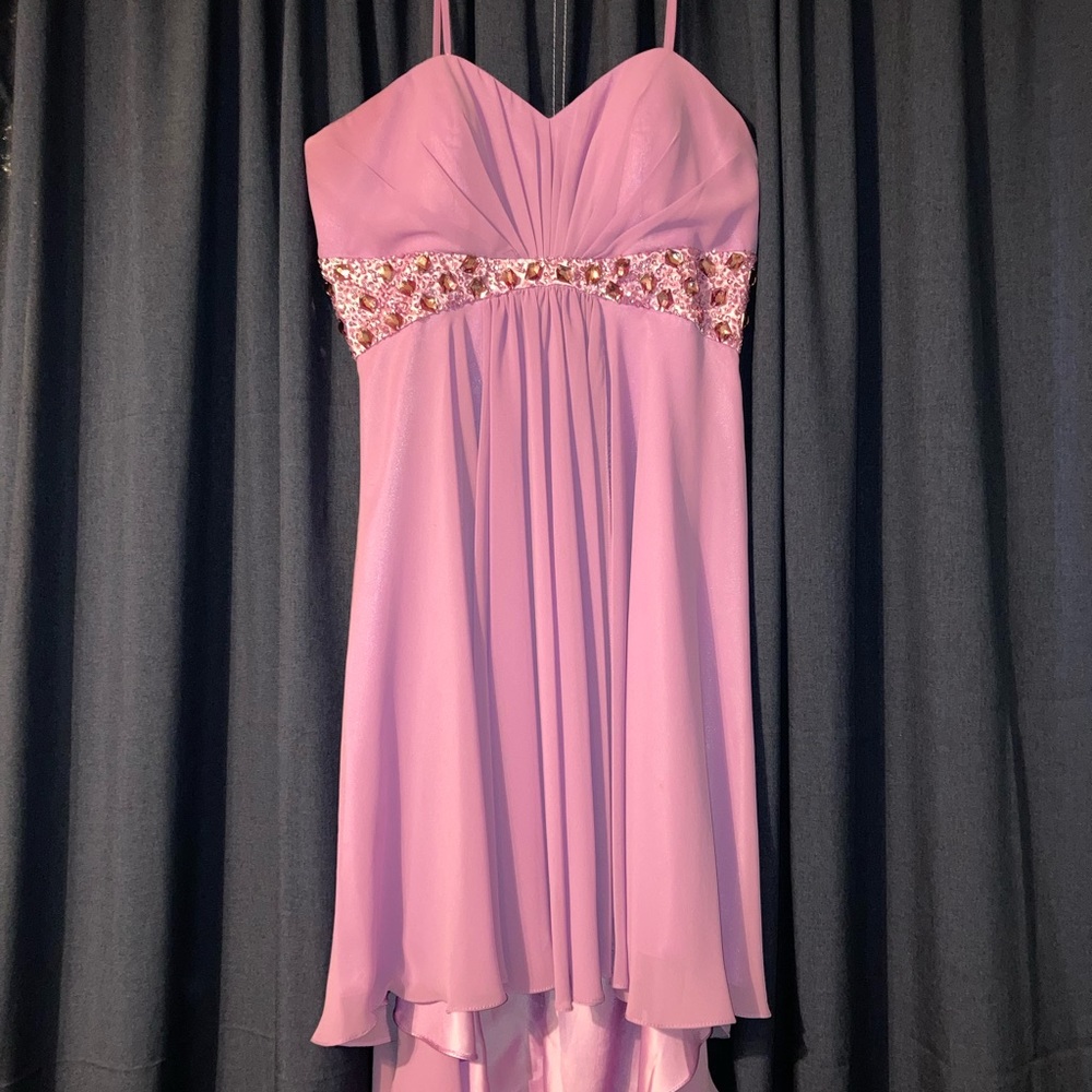 Anjeelie neon purple dress with ruffle train